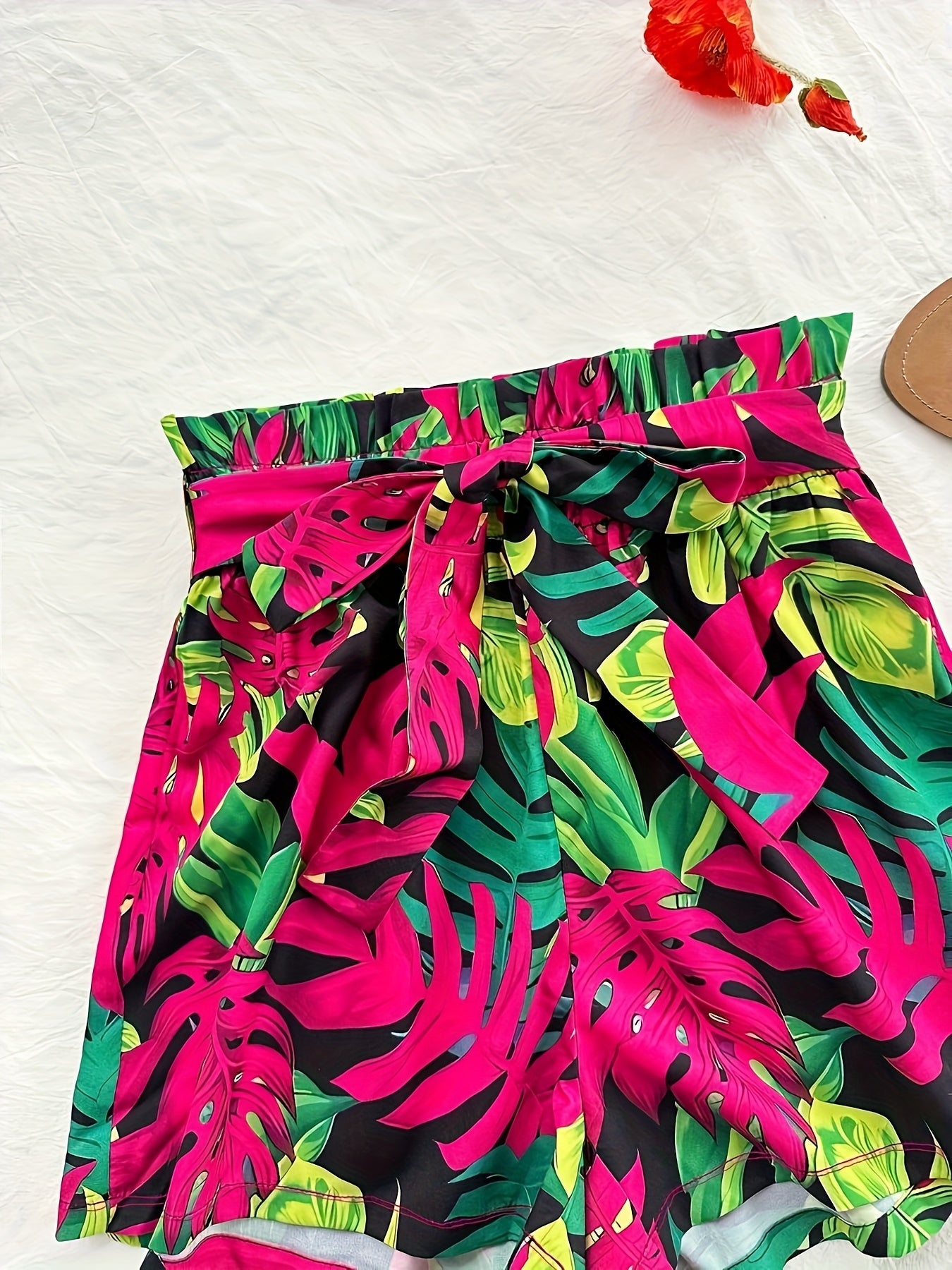 Women's Summer Two-Piece Set – Tropical Shorts and Ribbed Top for Vacation and Leisure