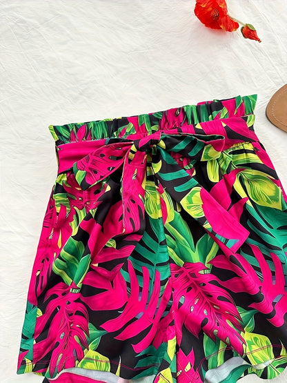 Women's Summer Two-Piece Set – Tropical Shorts and Ribbed Top for Vacation and Leisure