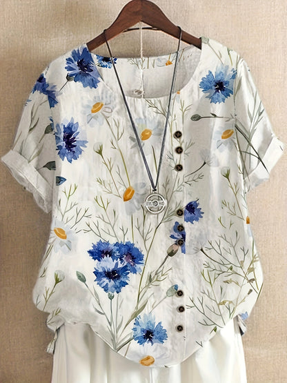 Women's Vintage Blouse with Floral Pattern and Button Placket – Summer Casual Shirt