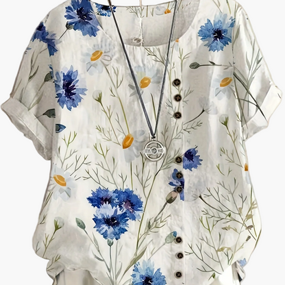 Women's Vintage Blouse with Floral Pattern and Button Placket – Summer Casual Shirt