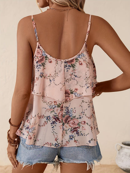 Women's Summer Ruffle Top with Floral Pattern – Playful Sleeveless Crop Top for Everyday and Vacation