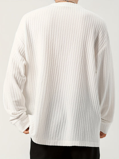 Men's long-sleeve shirt, Henley neckline, textured, light beige