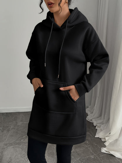 Damen Langarm Hoodie-Kleid mit Kapuze und Kängurutasche