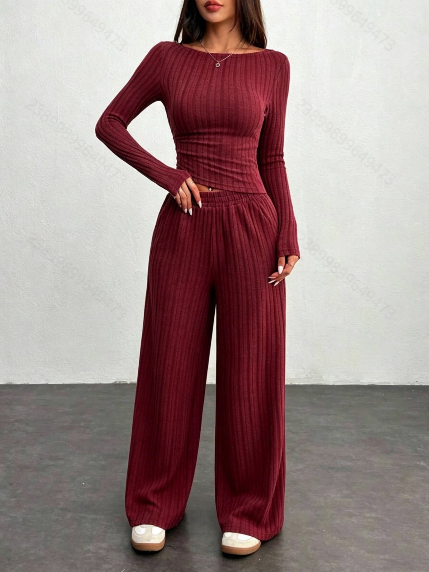 Ribbed loungewear set for women, long-sleeve crop top and wide-leg pants