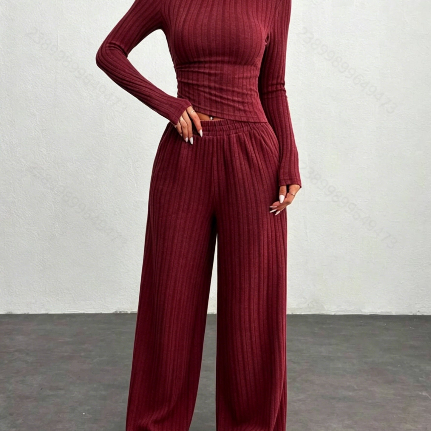 Ribbed loungewear set for women, long-sleeve crop top and wide-leg pants