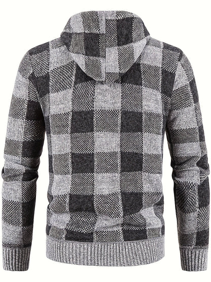Herren Karierte Strickjacke mit Kapuze und Reißverschluss, gefüttert