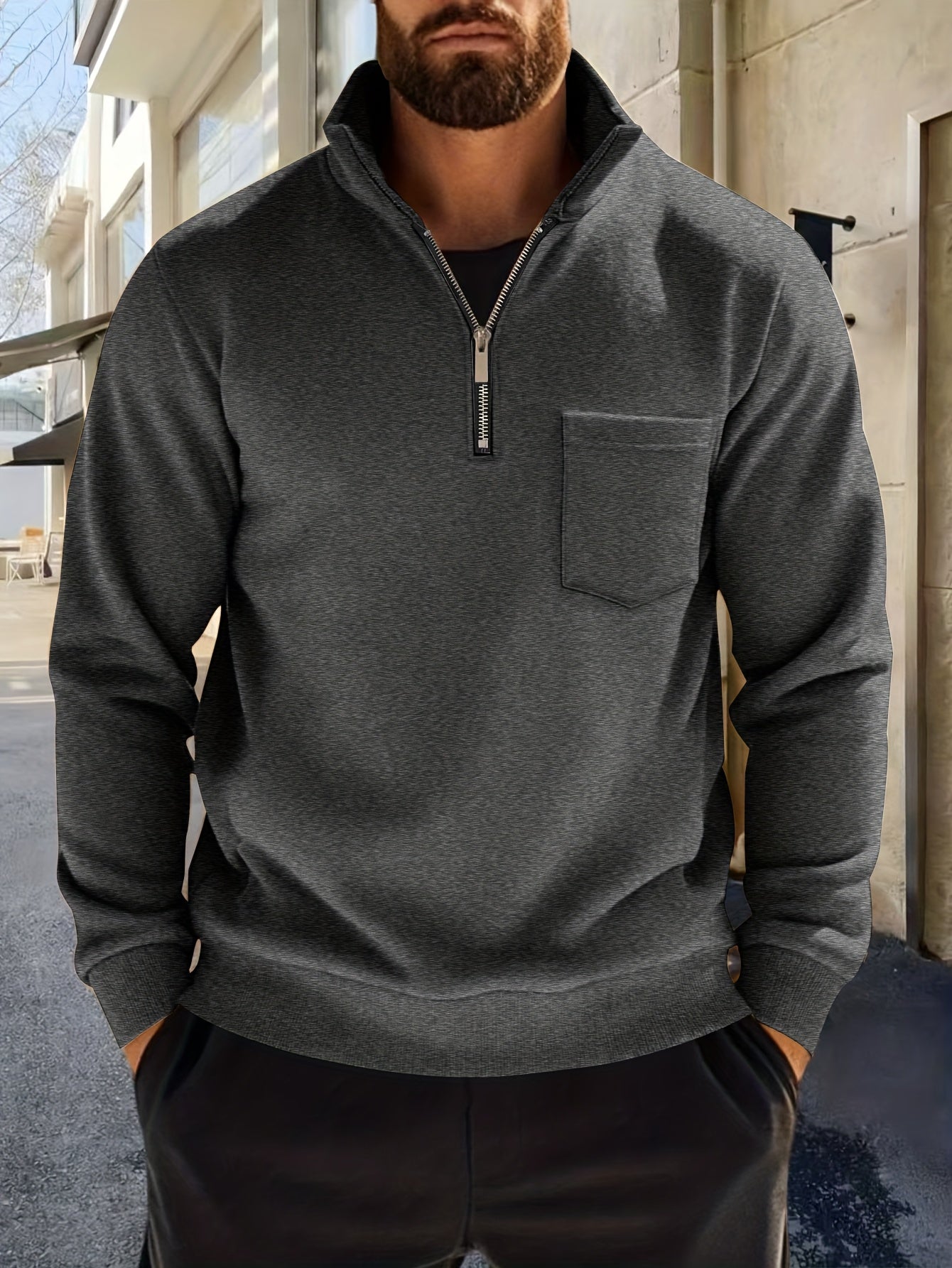 Herren Halb-Reißverschluss Pullover mit Brusttasche