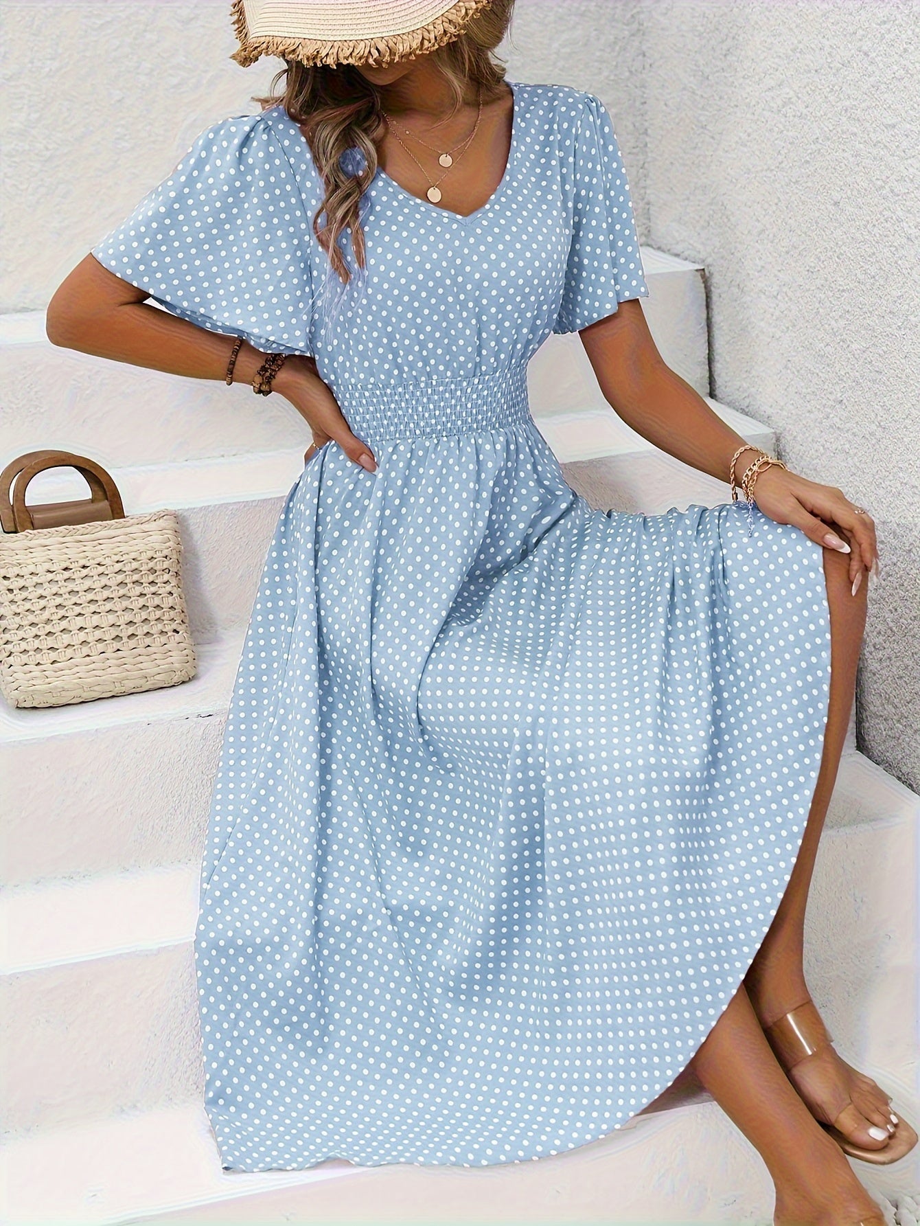 Women's Summer Polka Dot Maxi Dress with Short Sleeves and V-Neck – Casual & Vacation