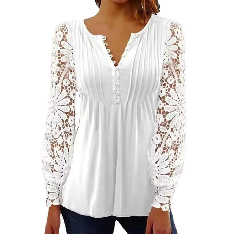 Sandra – Elegant T-shirt with lace sleeves and pleats in solid color
