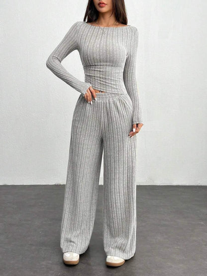 Ribbed loungewear set for women, long-sleeve crop top and wide-leg pants
