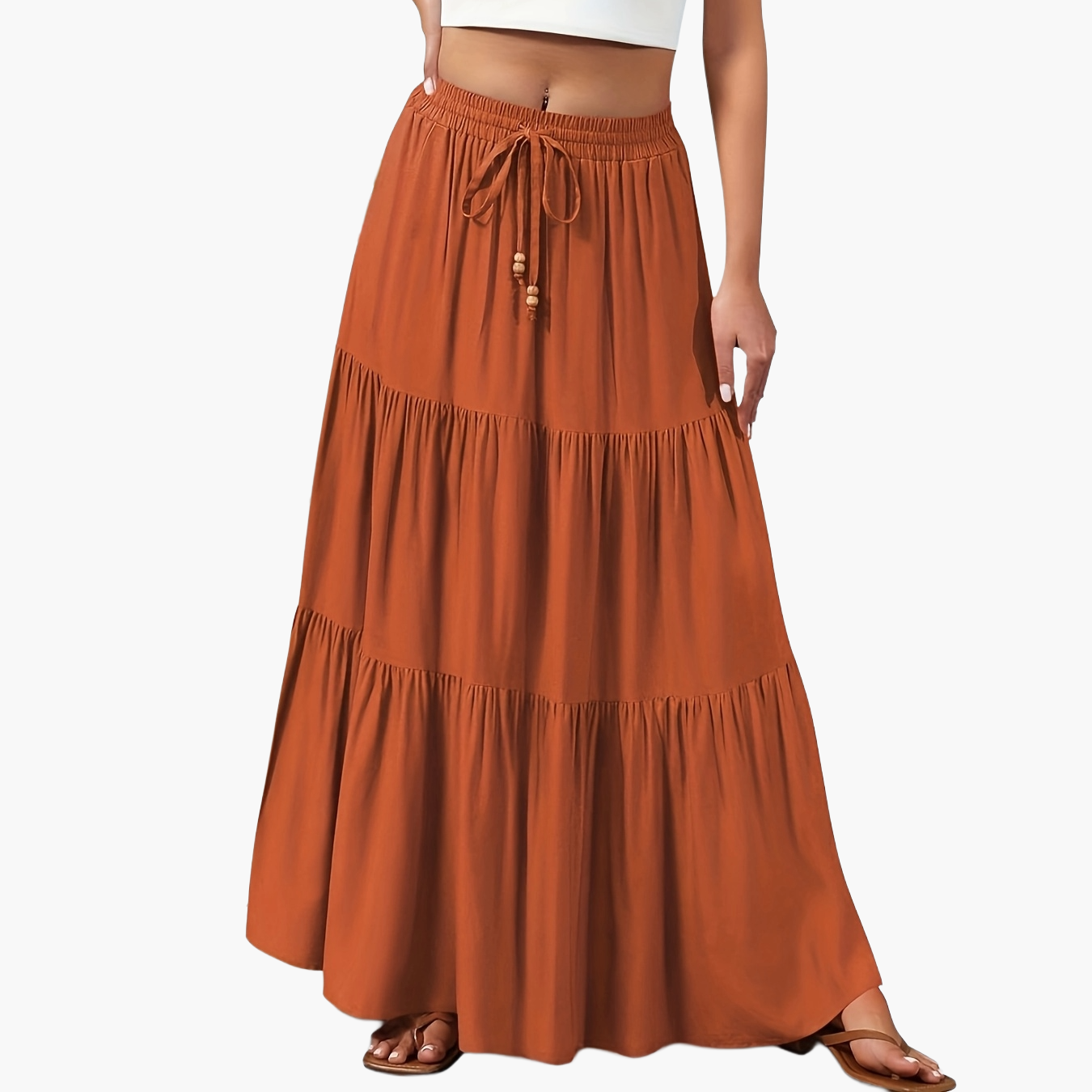 Women's Maxi Tiered Skirt with Drawstring – Boho Summer Casual Skirt for Everyday & Vacation