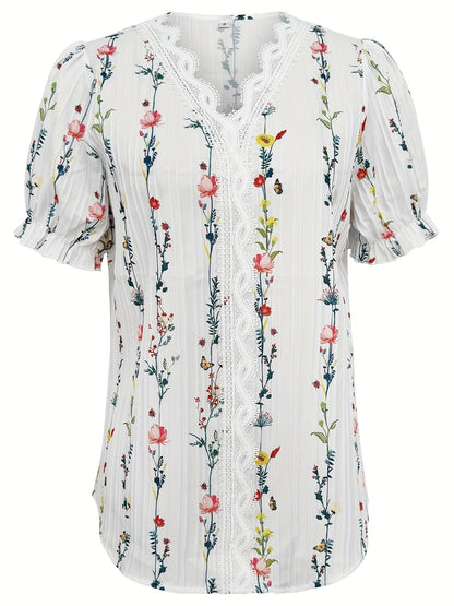 Women's blouse with floral pattern and ruffled collar – elegant summer style for leisure and everyday wear
