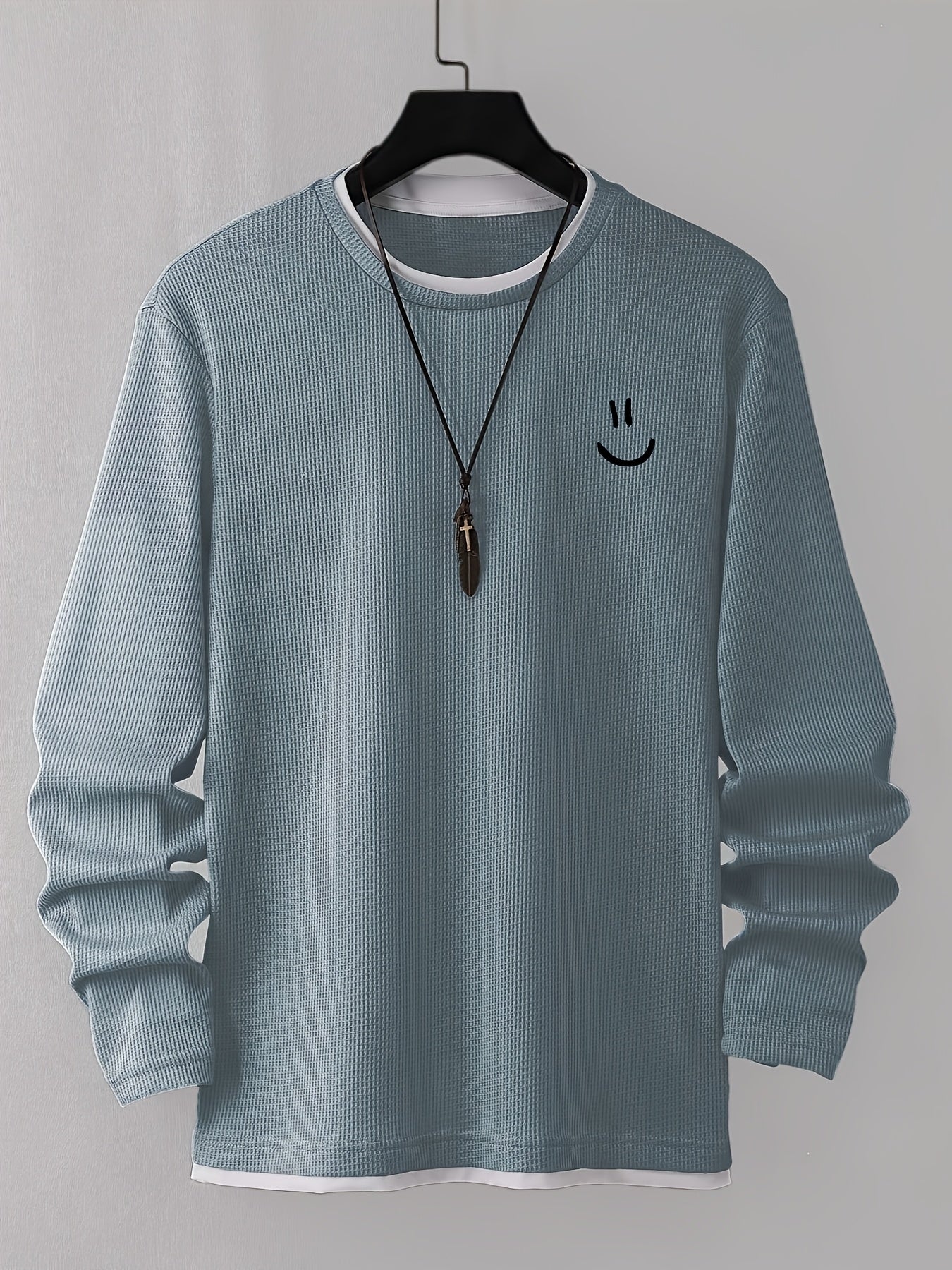 Unisex Langarmshirt Waffelstrick Smiley Print Rundhals Grau