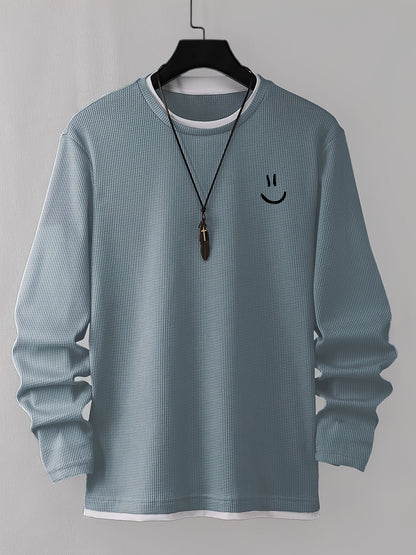 Unisex Langarmshirt Waffelstrick Smiley Print Rundhals Grau