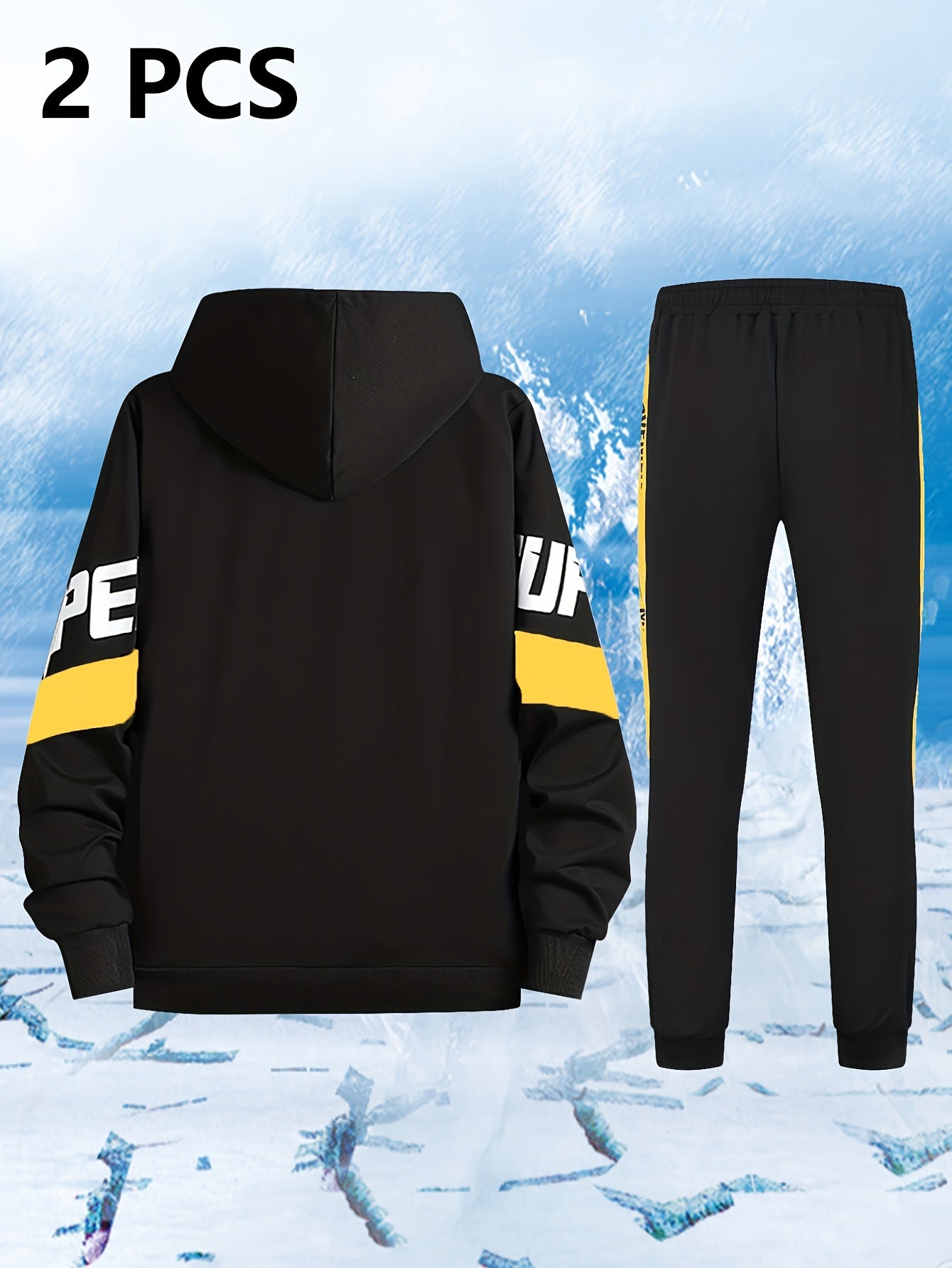 Men's sports tracksuit with a zip-up hooded jacket and striped joggers
