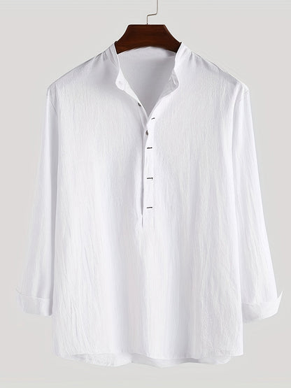 Men's Long Sleeve Henley Shirt with Stand Collar – Modern Casual Style for Everyday and Vacation