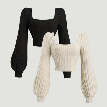 Geripptes Damen Crop-Top mit Puffärmeln und eckigem Ausschnitt