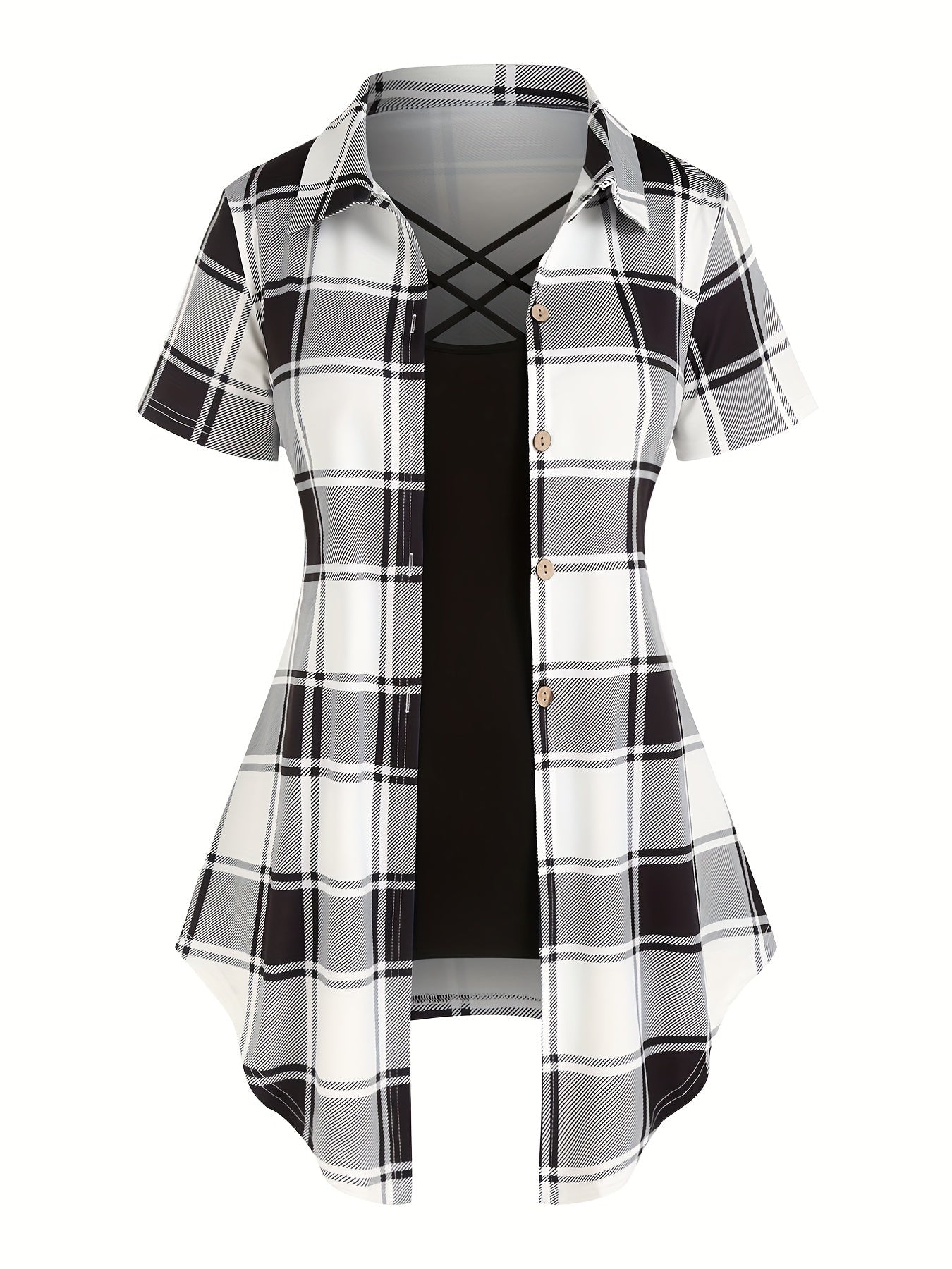 Women's plaid blouse with overlay and elegant look – summer casual shirt with cross detail