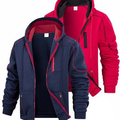 2-Pack Men's Hoodie Jacket Set, Zip-Up Hoodies, Fleece-Lined, Navy Blue, Black, Red