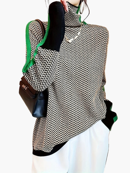 Women's pullover with stand-up collar and modern zigzag pattern – Elegant knitted sweater for autumn & winter