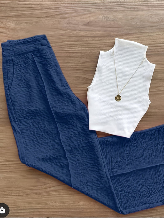 Women's Elegant Set – Sleeveless Top with Stand Collar and Pants, Perfect for Spring & Summer