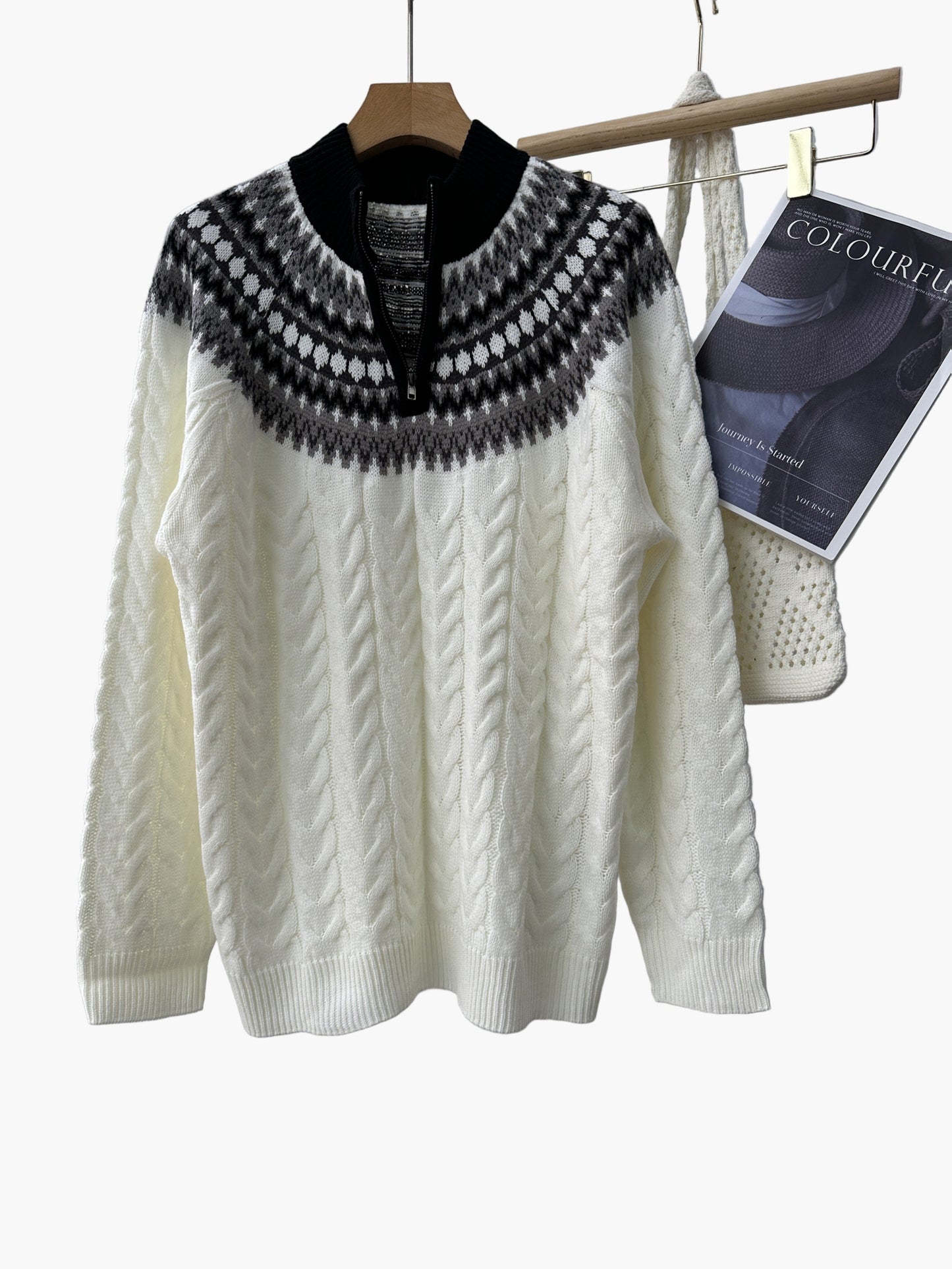 Herren Pullover im Norwegerstil mit Zopfmuster und Stehkragen – Lässiger Winter Strickpullover mit Viertelreißverschluss