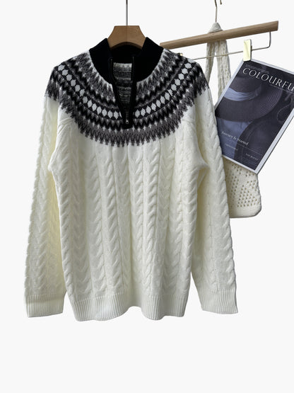 Herren Pullover im Norwegerstil mit Zopfmuster und Stehkragen – Lässiger Winter Strickpullover mit Viertelreißverschluss