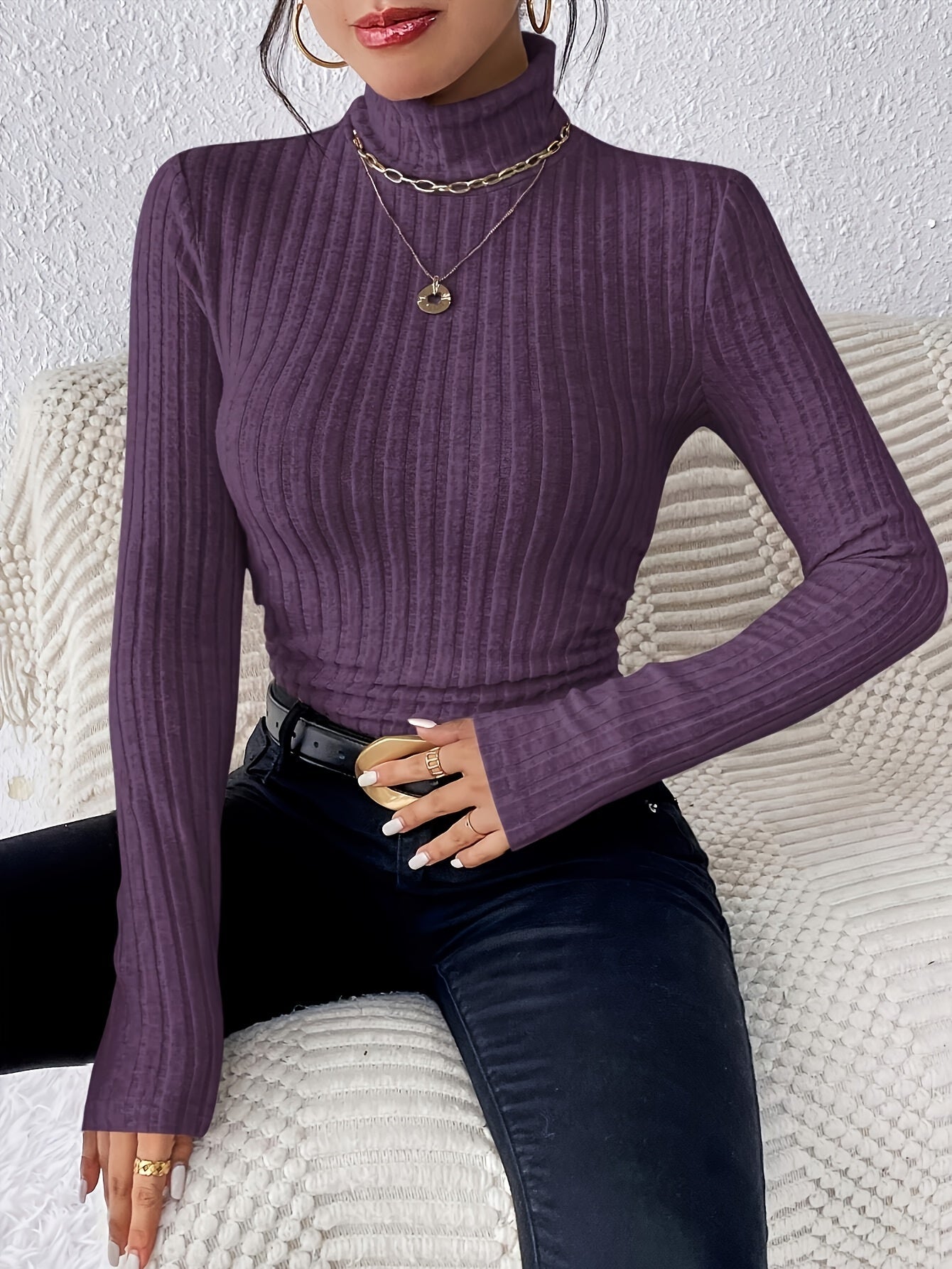 Gerippter Damen Rollkragenpullover Langarm