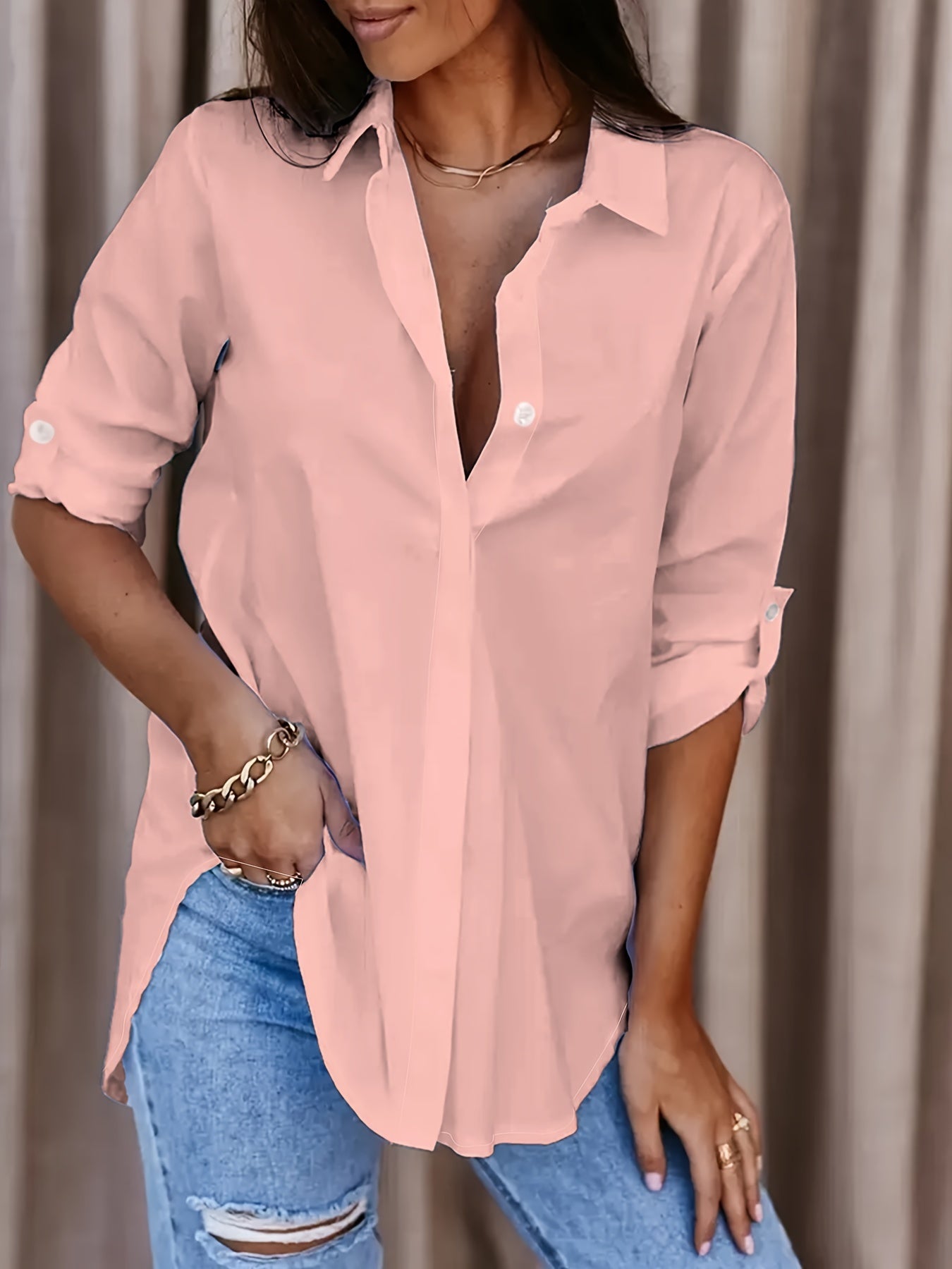 Damen Langarm Oversize Bluse Locker Casual für Alltag und Büro