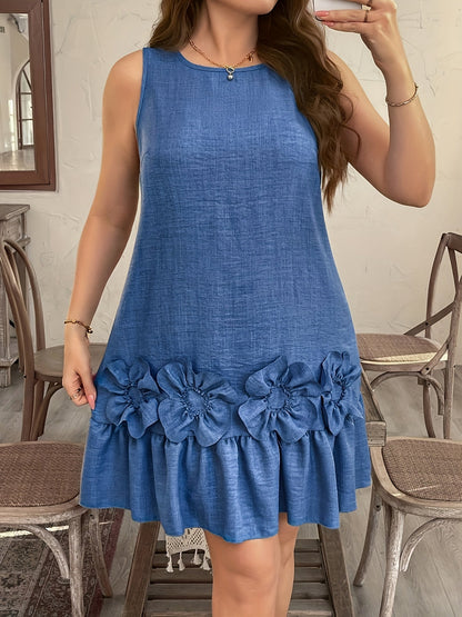 Women's summer dress with ruffles and floral appliqués – Loose casual dress with playful hem