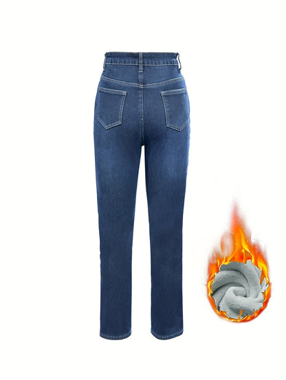Gefütterte Damen Jeans Dunkelblau mit Hohem Bund