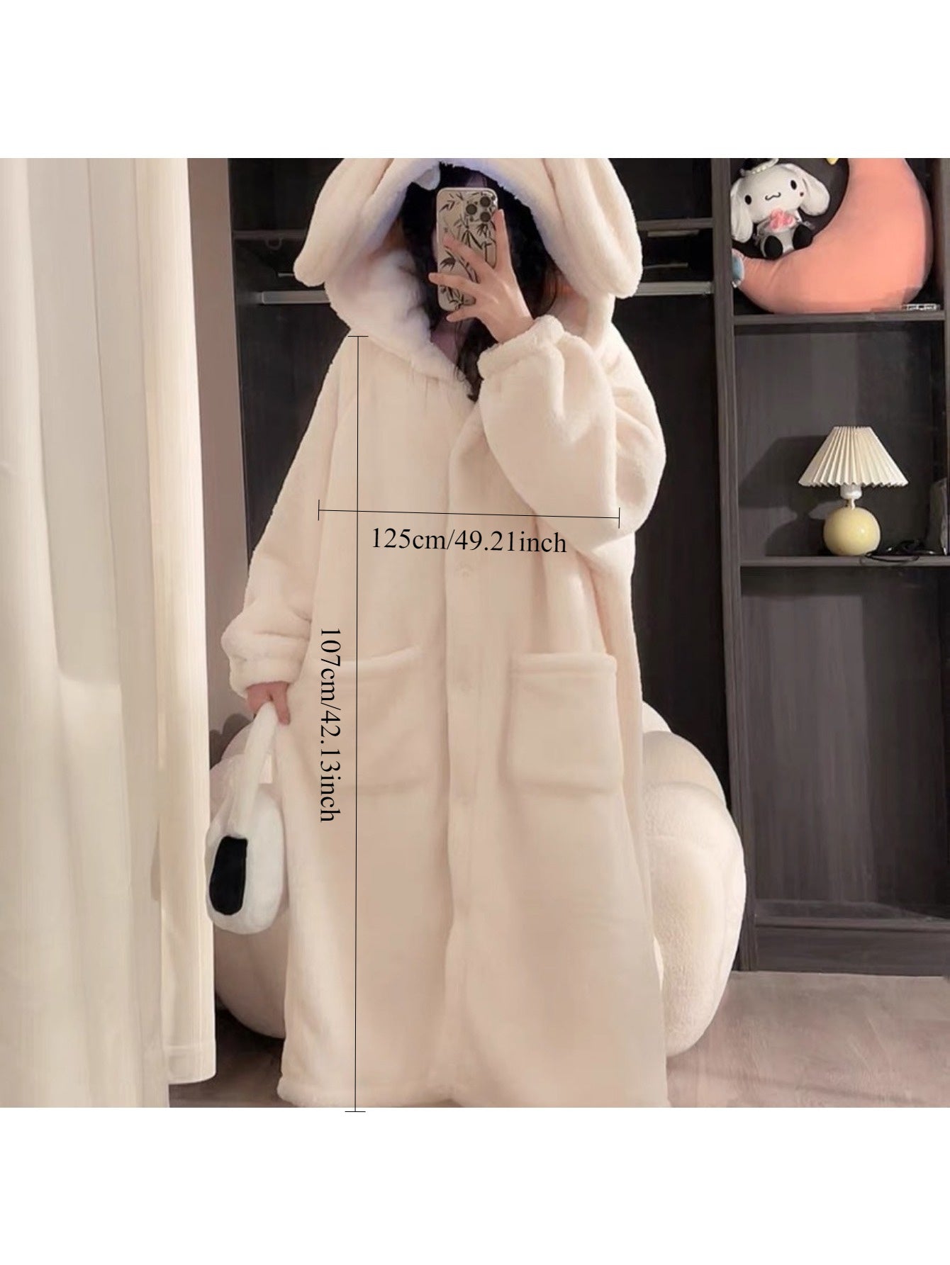 Unisex Plüsch Bademantel Hase mit Kapuze Langarm Weich Creme