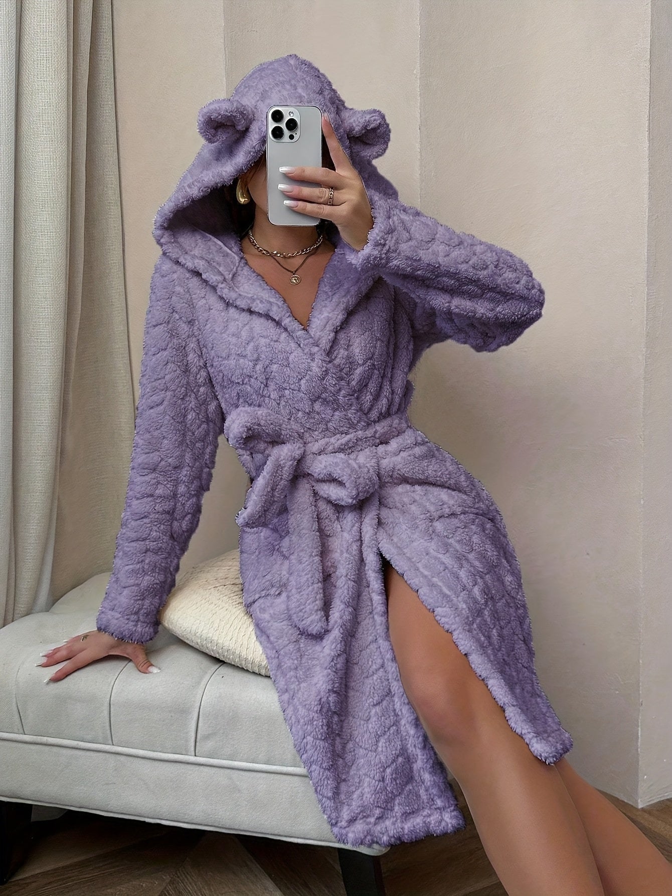 Women's long fluffy bathrobe with hood and ears, lilac purple