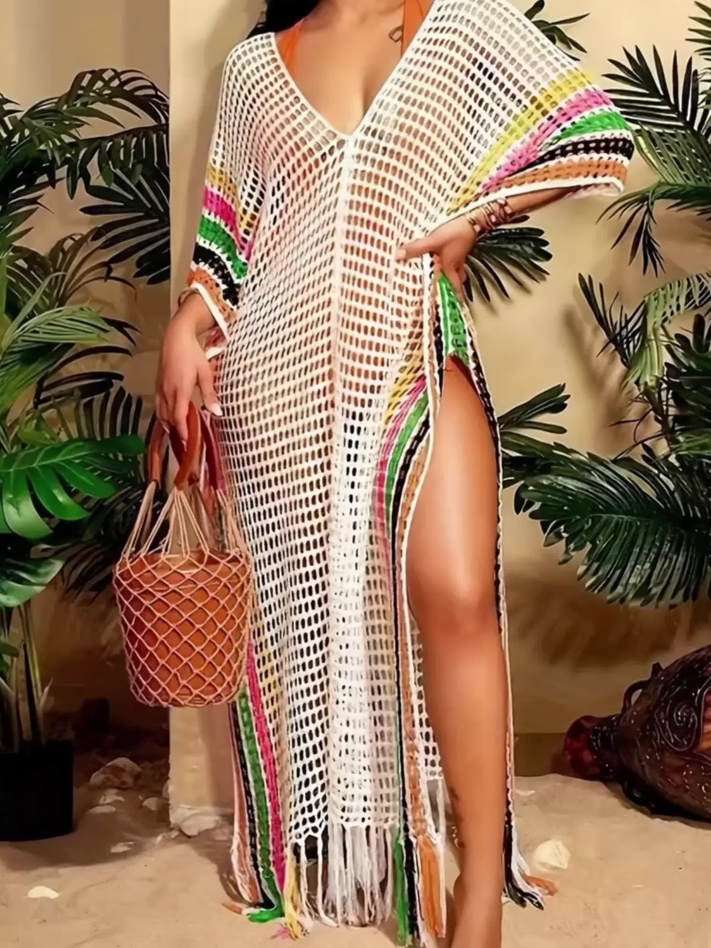 Women's Boho Beach Kaftan Maxi Dress with Net and Fringes – Perfect as Swimwear Cover-Up