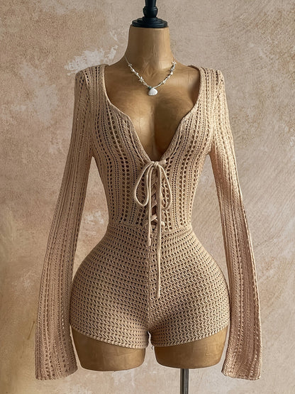 Women's Boho One-Piece with Crochet Pattern and Deep Neckline – Perfect for Beach, Vacation & Summer Parties