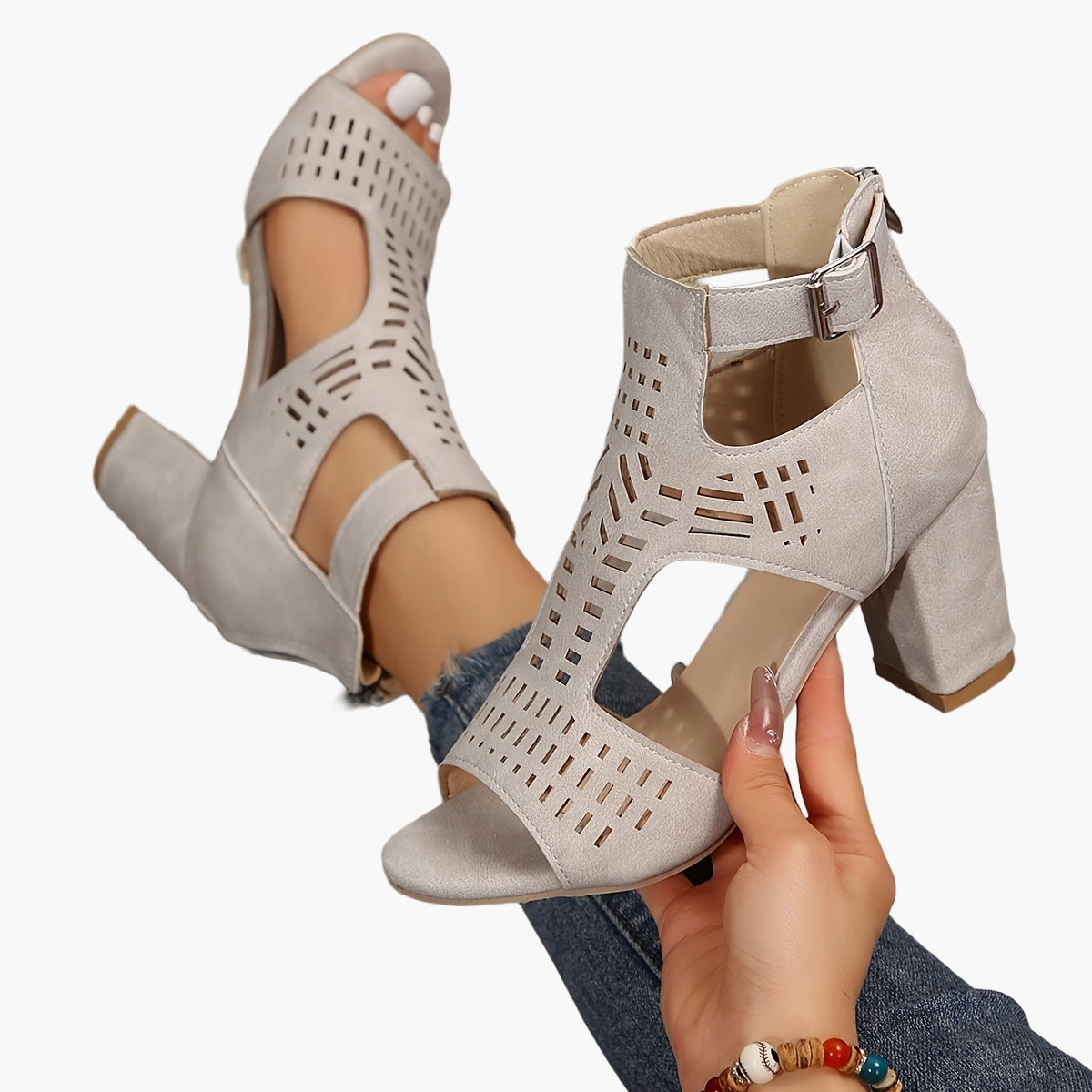 Women's high heel sandals with block heel and cut-out design – fashionable casual shoes for any occasion