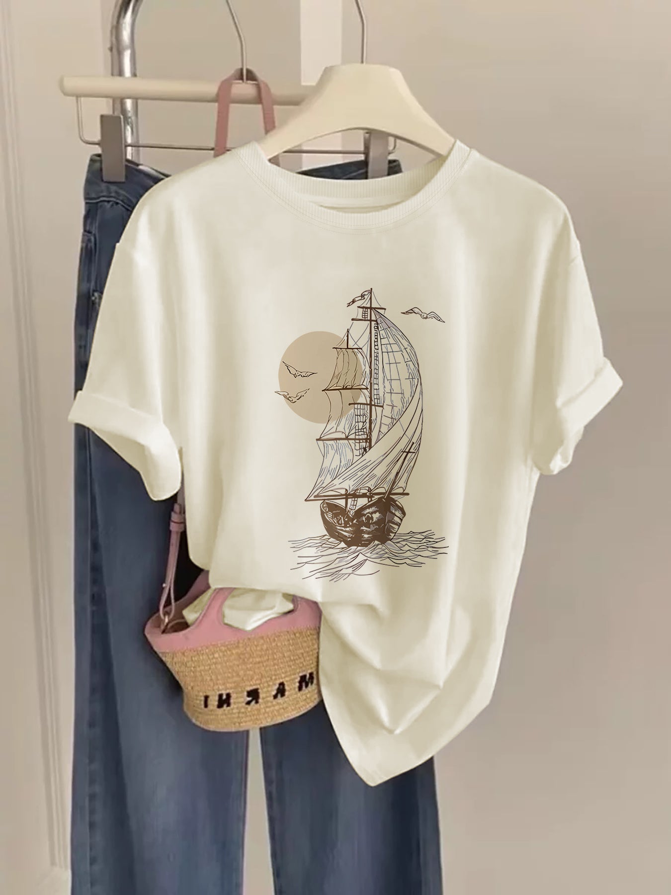 Women's T-Shirt with Vintage Sailing Ship Print – Maritime Casual Style