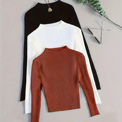 Gerippter Langarm-Pullover mit Stehkragen für Damen, einfarbig