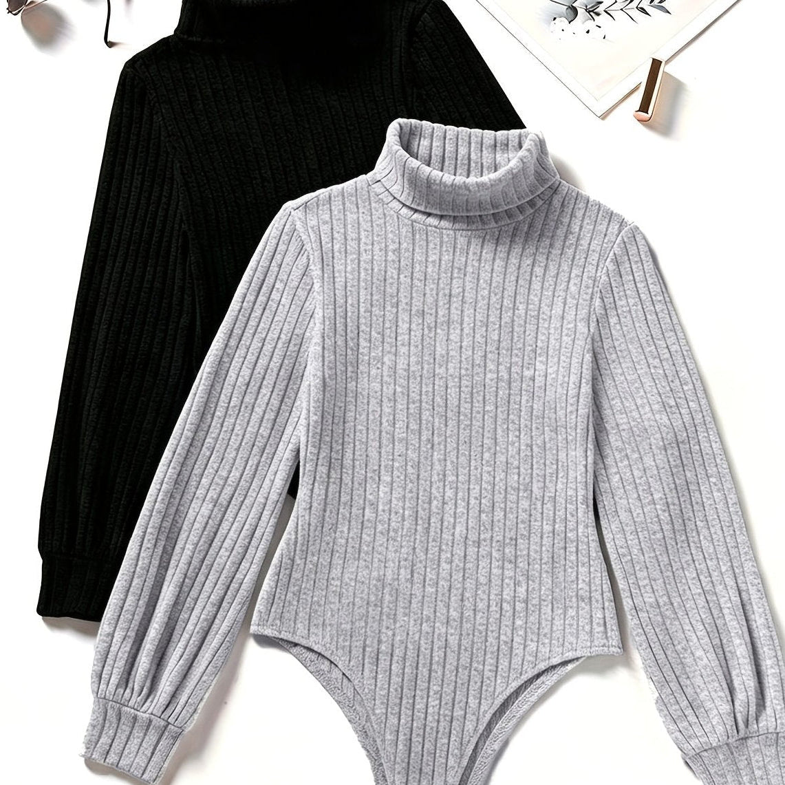 Damen Rollkragen Bodysuit Gerippt Langarm Strick Optik