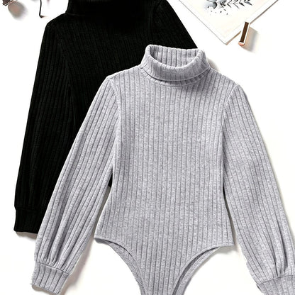 Damen Rollkragen Bodysuit Gerippt Langarm Strick Optik