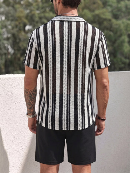 Men's resort casual shirt with vertical stripe pattern and open knit – stylish for summer and vacation