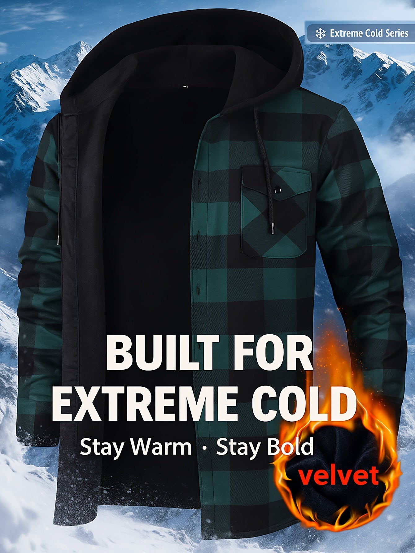 Men's checked flannel shirt with hood, lined, warm casual jacket, long sleeve