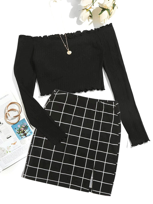 Women's Off-Shoulder Set with Long-Sleeve Shirt and Plaid Skirt – Fashionable Outfit for Everyday and Leisure