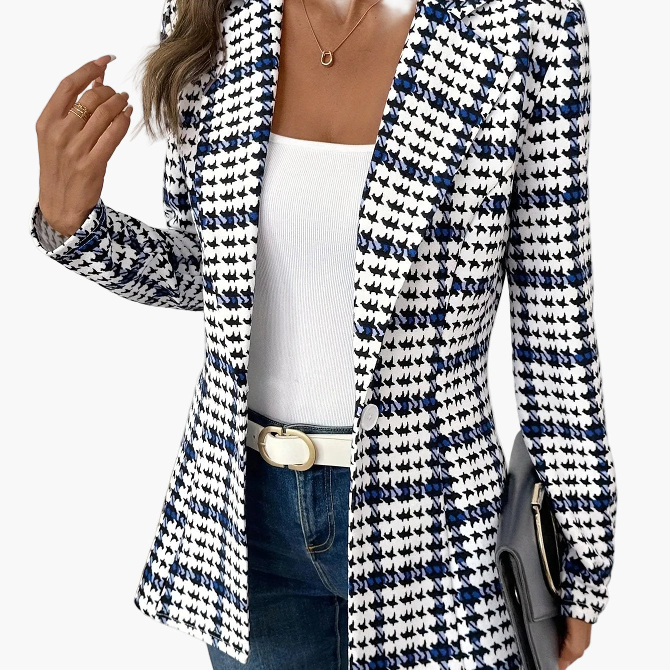Women's Elegant Business Blazer in Checkered Style for Office and Everyday Wear