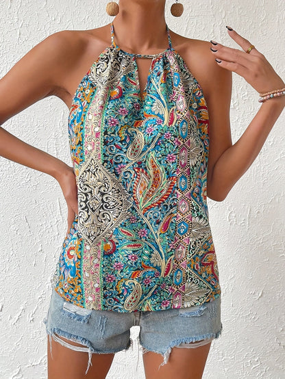 Women's Elegant Halter Neck Top with Paisley Pattern for Summer, Casual Wear, and Festivals