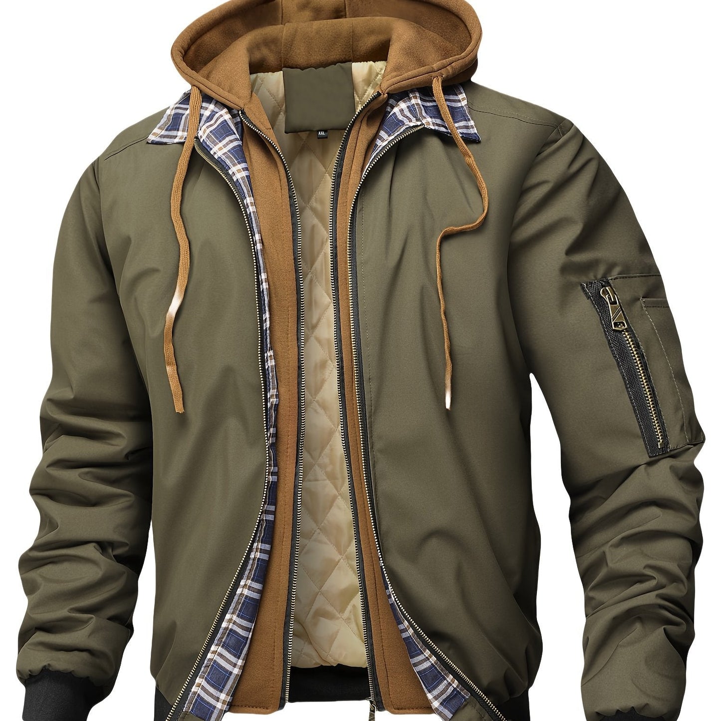 Herren Bomberjacke mit Kapuze Steppfutter Kariert Beige
