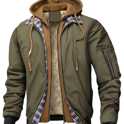 Herren Bomberjacke mit Kapuze Steppfutter Kariert Beige