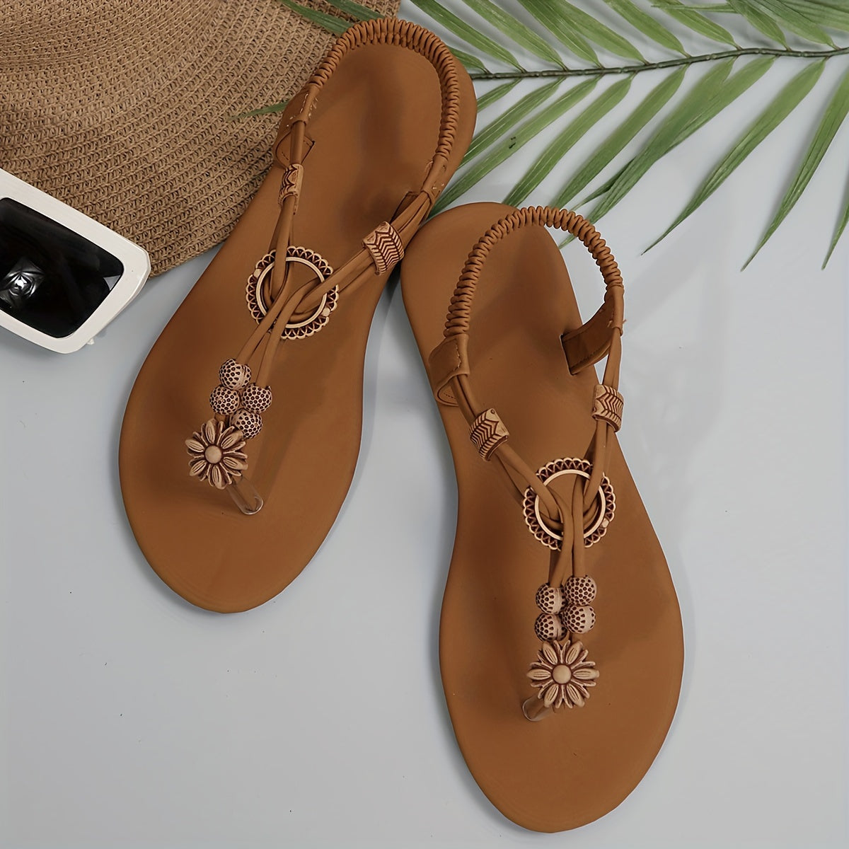 Women's Boho Thong Sandals – Flat Summer Shoes with Flower and Pearl Decoration