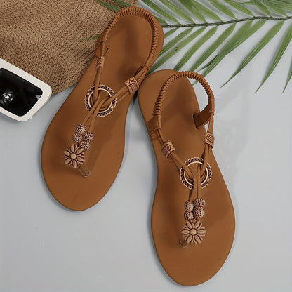 Women's Boho Thong Sandals – Flat Summer Shoes with Flower and Pearl Decoration