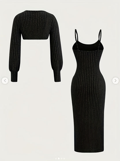 Women's ribbed spaghetti-strap dress and bolero knit set with side slit